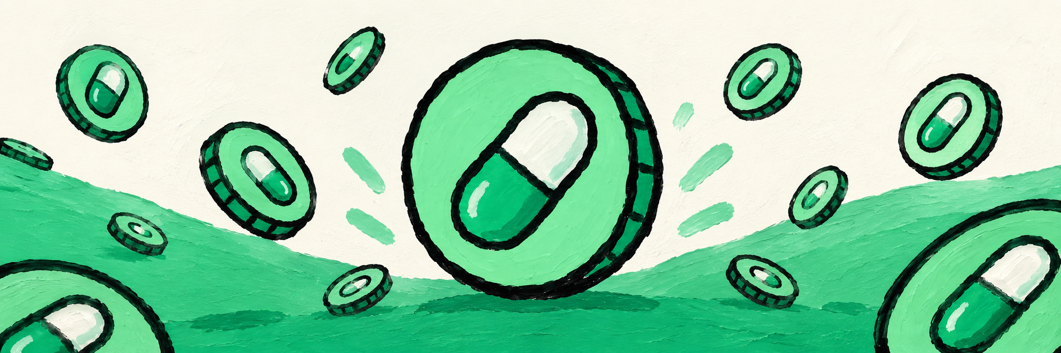 Wide hand-painted scene of green pill-coins tumbling over hills